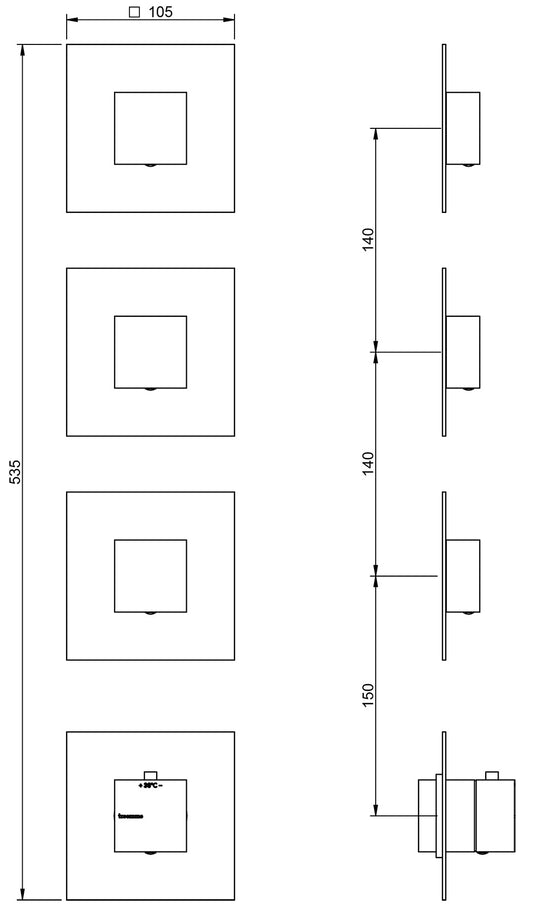 Rubinetterie Treemme SHOWERS & THERMOSTATICS Miscelatore Doccia Termostatico Incasso 3 Uscite Senza Piastra Materiale Ottone Finitura Cromata