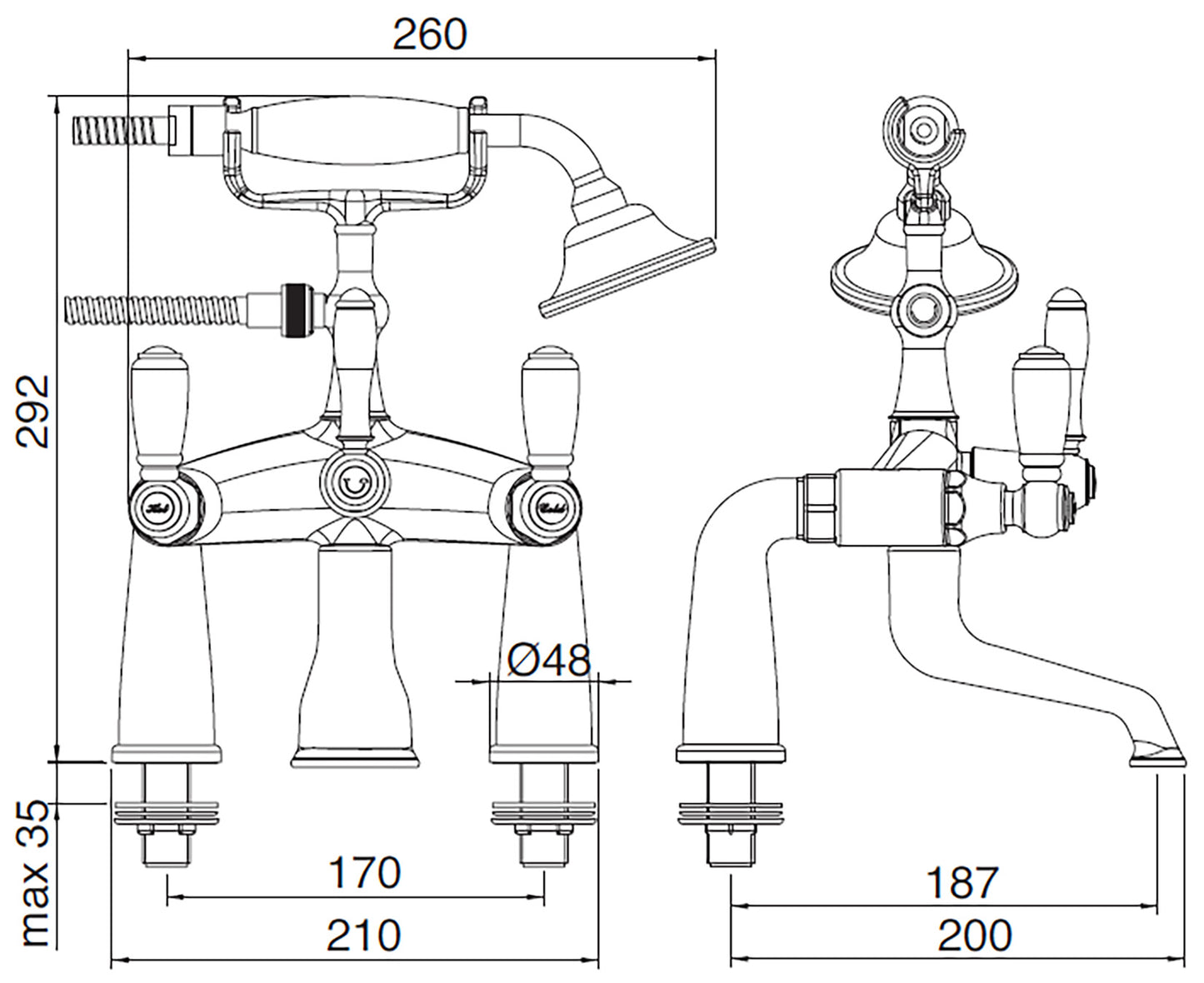 Rubinetterie Treemme 3M Old Italy Sogno IT 4407 CC SO ZZ Miscelatore Gruppo Bordo Vasca Piano Esterno Installazione ad Appoggio Miscelazione Meccanica 2 Fori Ottone Cromato 2 Leve Ceramica Bianca Stile Classico Doccetta a Mano Metallo Flessibile