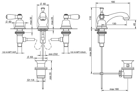 Rubinetterie Treemme 3M Old Italy Sogno IT 4410 CC SO ZZ Miscelatore Batteria Lavabo Appoggio 2 Leve Ceramica Bianca 3 Fori Stile Classico Altezza 110 mm Lunghezza 180 mm Materiale Ottone Finitura Cromato Con Piletta di Scarico Con Saltello Automatico