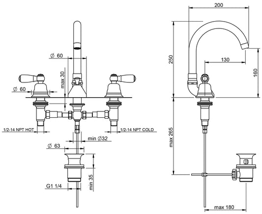 Rubinetterie Treemme 3M Old Italy Sogno IT 4416 CC SO ZZ Miscelatore Batteria Lavabo Appoggio 2 Leve Ceramica Bianca 3 Fori Collo Girevole Stile Classico Altezza 250 mm Lunghezza 200 mm Ottone Cromato Con Piletta di Scarico Con Saltello Automatico