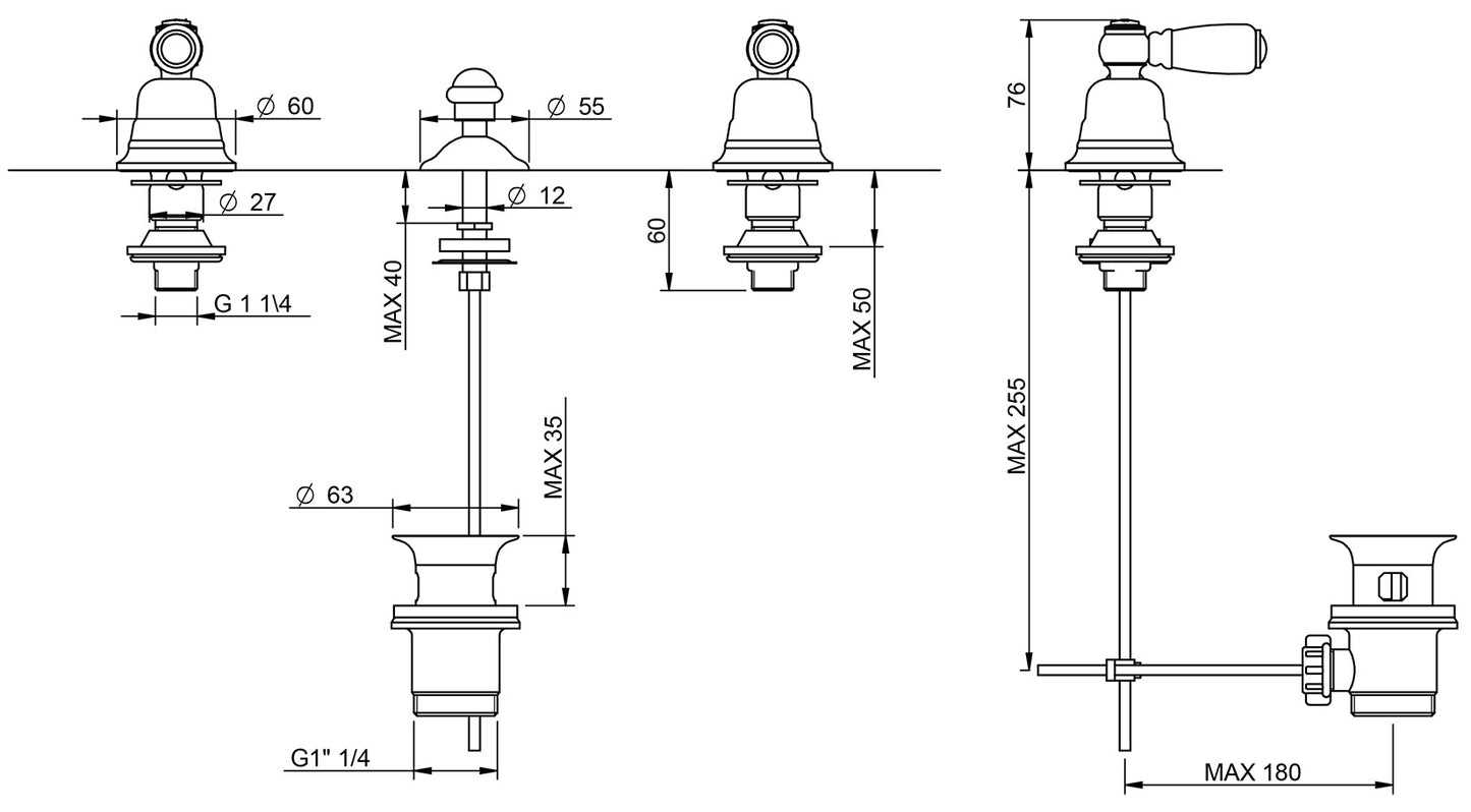 Rubinetterie Treemme 3M Old Italy Sogno IT 4420 CC SO ZZ Batteria Bidet Senza Canna 3 Fori Appoggio 2 Leve Ceramica Bianca Stile Classico Con Piletta Di Scarico Con Saltello Automatico Materiale Ottone Finitura Cromata