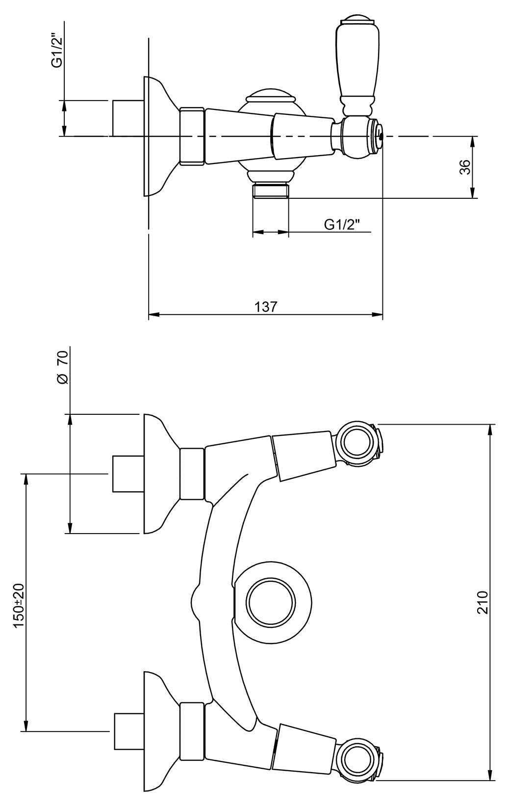 Rubinetterie Treemme 3M Old Italy Sogno IT 4456 CC SO ZZ Miscelatore Meccanico Gruppo Esterno Senza Set Doccia Installazione a Muro Stile Classico 1 Via 2 Fori Due Leve in Ceramica Bianca Materiale Ottone Finitura Cromata