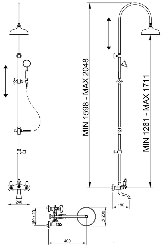 Rubinetterie Treemme 3M Old Italy Sogno IT 4483 CC SO ZZ Colonna Gruppo Vasca Multifunzione Miscelatore Meccanico Ottone Cromato 2 Leve Ceramica Bianca Bocca Doccetta Tonda Soffione Anticalcare Ø 200 mm Metallo Flessibile Stile Classico Montaggio Muro