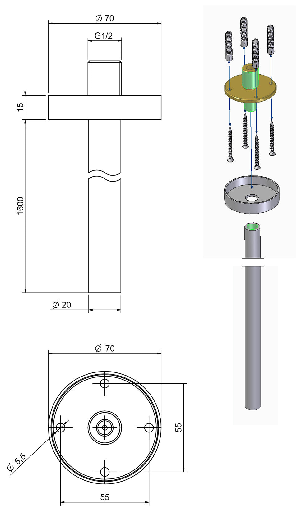 Rubinetterie Treemme 3M T30 IT 6576 CC ZZ ZZ Bocca a Soffitto Con Rosone Getto Erogazione Uscita Acqua Materiale Ottone Finitura Cromata Stile Moderno Monoforo Lunghezza 1600 mm Portata Acqua 5 Litri Al Minuto