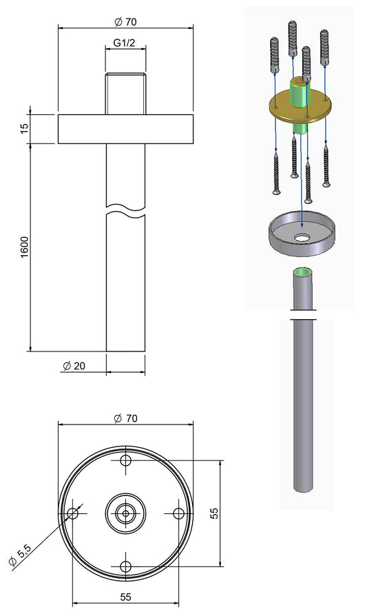 Rubinetterie Treemme 3M T30 IT 6576 CC ZZ ZZ Bocca a Soffitto Con Rosone Getto Erogazione Uscita Acqua Materiale Ottone Finitura Cromata Stile Moderno Monoforo Lunghezza 1600 mm Portata Acqua 5 Litri Al Minuto
