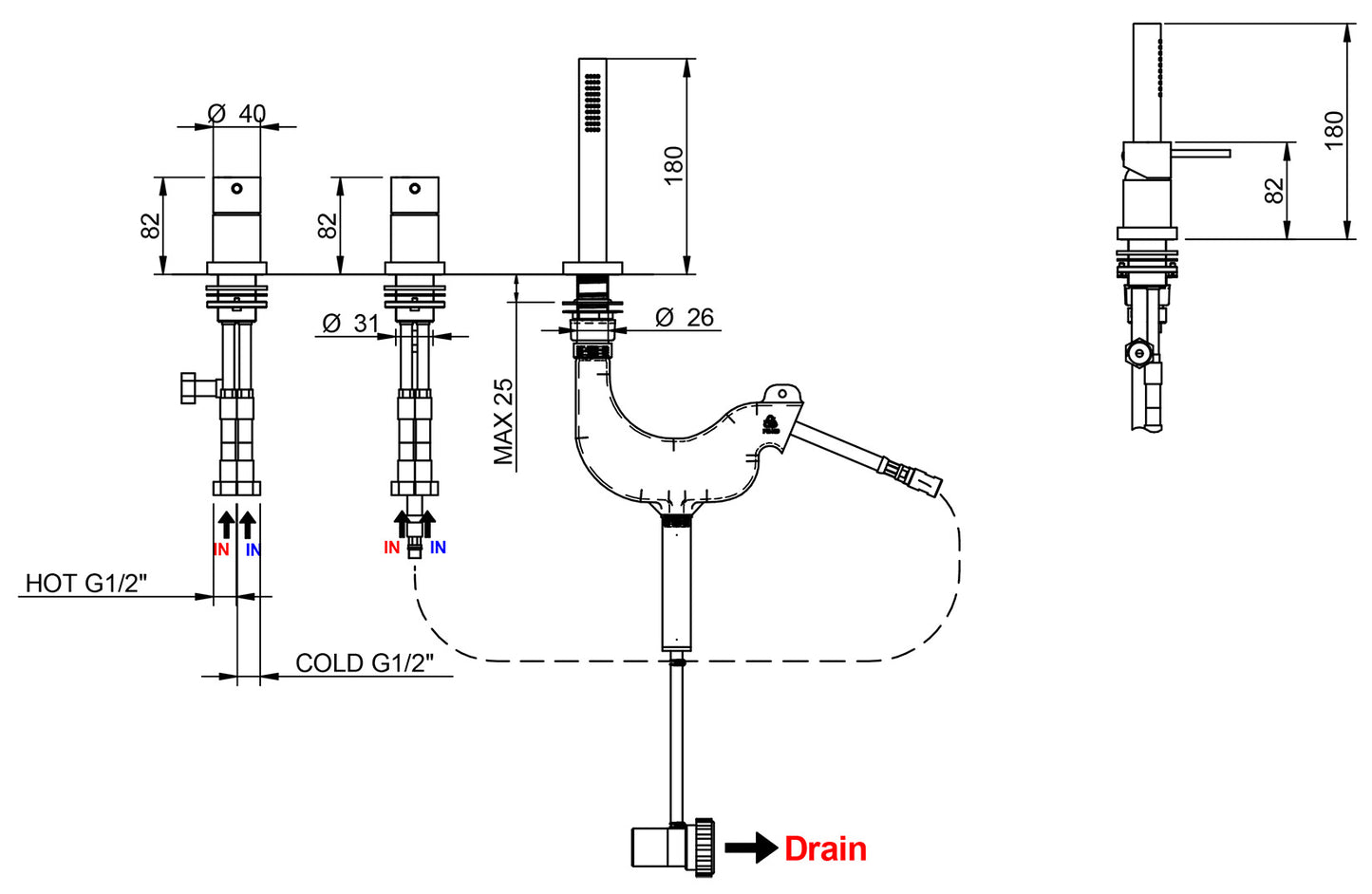 Rubinetterie Treemme Up+ Miscelatore Batteria Vasca Meccanico Bordo 3 Fori Con Doccetta Estraibile in Metallo Flessibile PVC Senza Bocca Materiale Ottone Finitura Cromata 2 Leve Manopole Stile Moderno