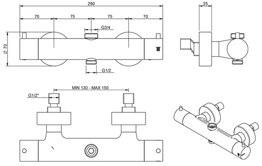 Rubinetterie Treemme UP+ Miscelatore Termostatico Esterno Doccia 3/4 - 1/2" Materiale Ottone Finitura Cromata"