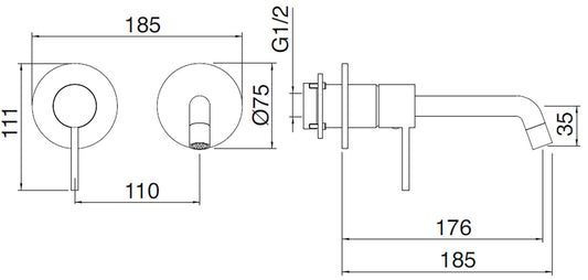Rubinetterie Treemme Up+ Miscelatore Lavabo 176 Incasso Muro Senza Piastra Monocomando 1 Leva Parte Interna Esterna Incluse 2 Fori Materiale Ottone Finitura Cromato Stile Moderno Lunghezza 185 mm