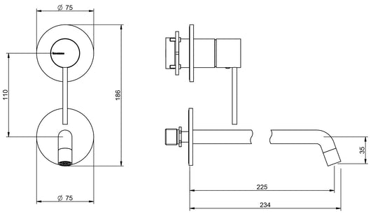 Rubinetterie Treemme Up+ Rubinetto Lavabo 225 Incasso Muro Senza Piastra Posizione Verticale Monocomando 1 Leva Parte Interna Esterna Incluse 2 Fori Materiale Ottone Finitura Cromato Stile Moderno Lunghezza 234 mm