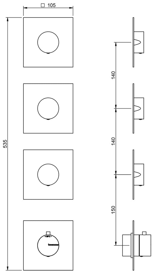 Rubinetterie Treemme Up+ Miscelatore Doccia 3 Uscite Termostatico Incasso A Muro Senza Piastra 4 Fori Monocomando 1 Leva Parte Interna e Esterna Incluse Stile Moderno Materiale Ottone Finitura Cromata