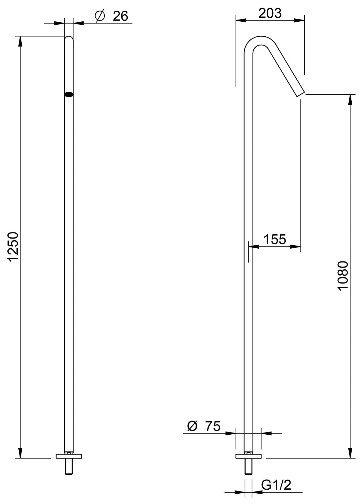 Rubinetterie Treemme X-CHANGE_mono Bocca Lavabo Da Terra 1080 mm Getto di Erogazione Uscita Acqua Installazione A Pavimento Materiale Ottone Finitura Cromata Stile Moderno Forma Tonda Monoforo Altezza 1250 mm Lunghezza 203 mm