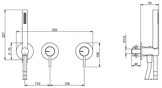 Rubinetterie Treemme X-CHANGE_mono Miscelatore Vasca / Doccia Meccanico Incasso A Muro Parte Interna Esterna Inclusa 3 Fori Senza Piastra Materiale Ottone Finitura Cromata Monocomando 2 Leve Forma Tonda Stile Moderno Doccetta Metallo Flessibile PVC