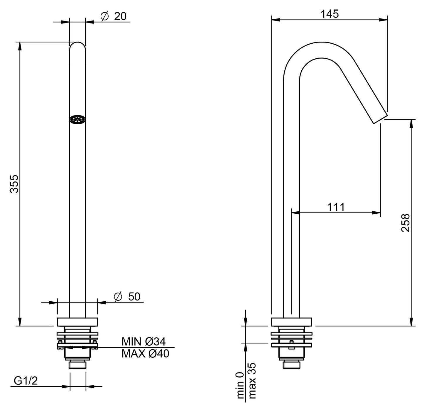 Rubinetterie Treemme 3M Electronic Washbasin Tap RWIT 7285 CC 15 Bocca Lavabo Da Piano 258 mm Getto di Erogazione Uscita Acqua Installazione Ad Appoggio Materiale Ottone Finitura Cromata Stile Moderno Forma Tonda Monoforo Altezza 355 mm Lunghezza 145 mm