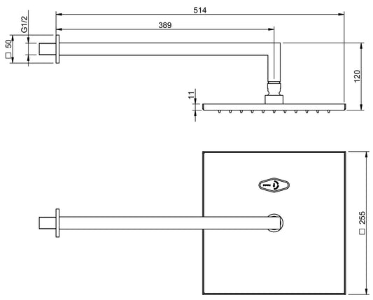 Rubinetterie Treemme SHOWERS & THERMOSTATICS Soffione Doccia A Parete Quadro In Metallo 255x255 mm Anticalcare Con Braccio Doccia 389 mm Materiale Ottone Finitura Cromata