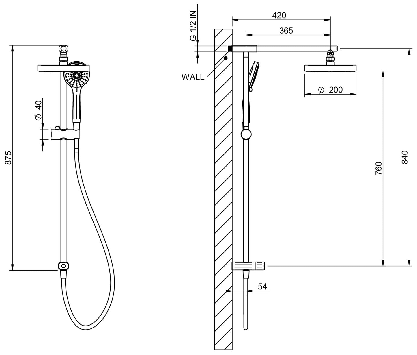 Rubinetterie Treemme 3M Zip IT 6370 CC ZZ ZZ Colonna Gruppo Doccia Multifunzione Con Deviatore Presa Acqua Alta Doccetta Rotonda ABS Flessibile PVC 1,5 Metri Soffione Tondo Ø Diametro 200 mm Montaggio Muro Finitura Cromata