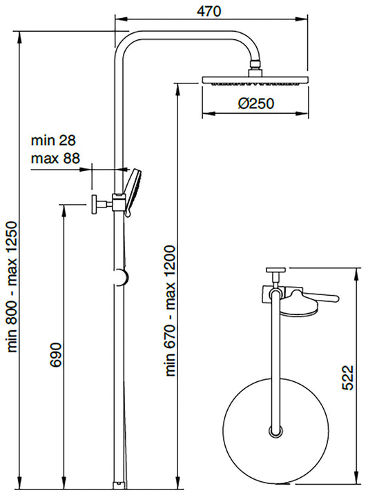 Rubinetterie Treemme 3M Zip RWIT 5060 CC 01 Colonna Gruppo Doccia Multifunzione Con Saliscendi Doccetta Rotonda ABS Flessibile PVC 1,5 Metri Soffione Tondo Ø Diametro 250 mm Montaggio Muro Finitura Cromata