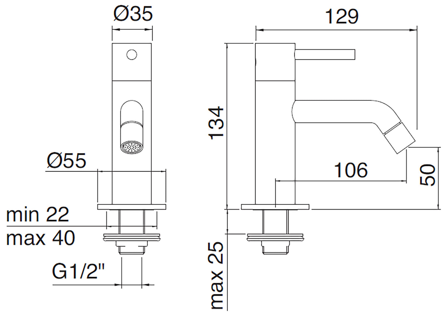 Rubinetterie Treemme Up+ Rubinetto Lavabo Solo Acqua Fredda Appoggio Monocomando 1 Leva Monoforo Materiale Ottone Finitura Cromato Stile Moderno Altezza 134 mm Lunghezza 129 mm