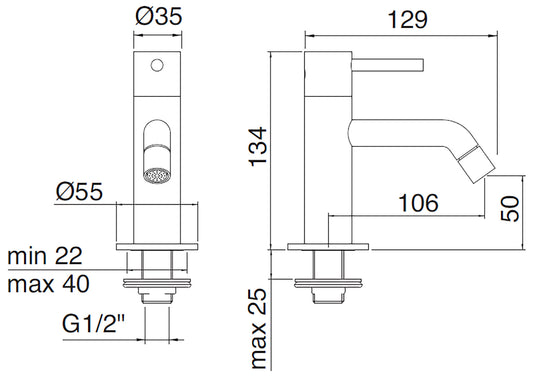 Rubinetterie Treemme Up+ Rubinetto Lavabo Solo Acqua Fredda Appoggio Monocomando 1 Leva Monoforo Materiale Ottone Finitura Cromato Stile Moderno Altezza 134 mm Lunghezza 129 mm