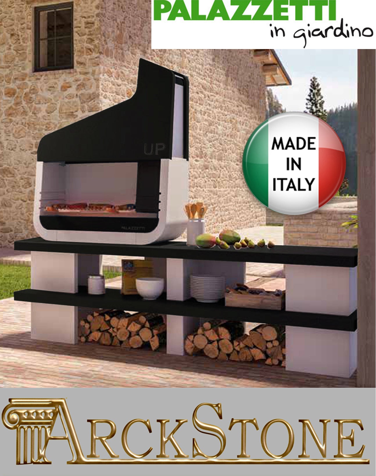 Palazzetti in Giardino UP Versione Con Portalegna Due 2 Basamenti Barbecue Porta Legna Carbonelle Carboni Braciere Laterale Sistema Fast Fire Box Cassetto Cenere Focolare Cappa Nero Acciaio Inox Griglia Cottura 218x50x216H CM Incluso di Kit di Montaggio