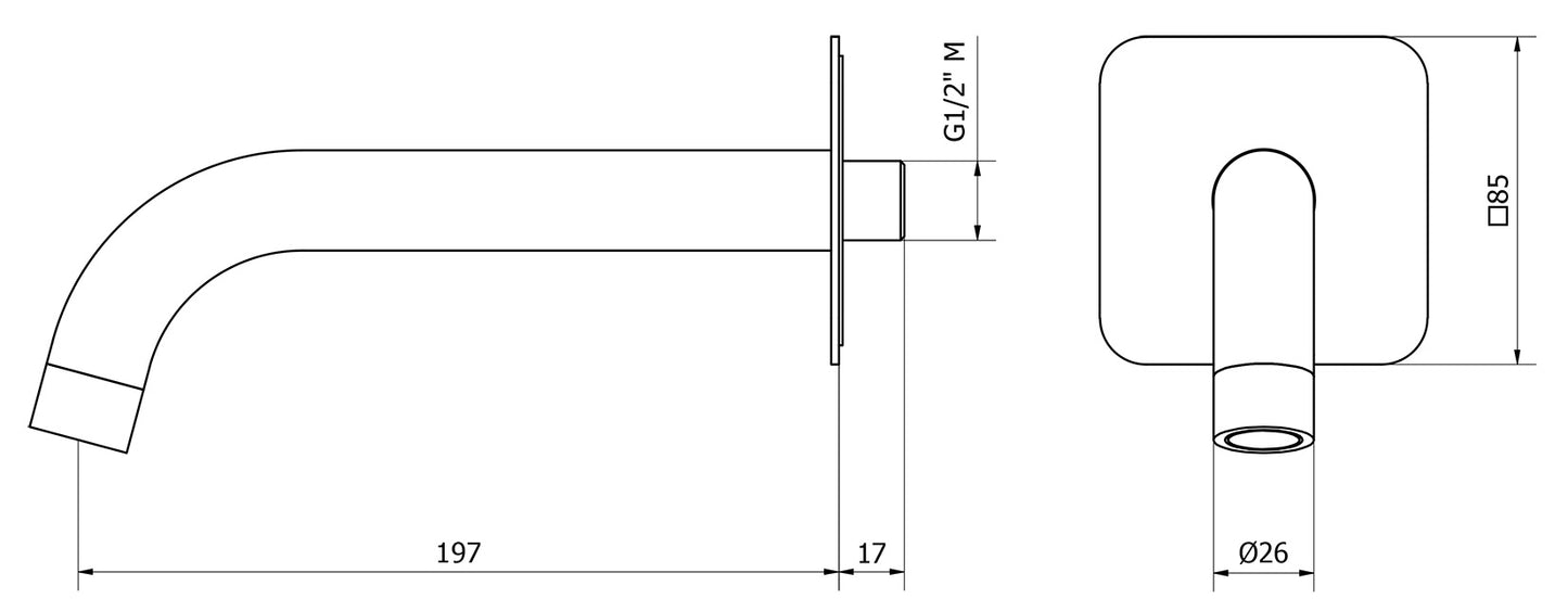 We Are Ib Rubinetti Batlò MT322CC_22 Bocca a Muro Lunghezza 197 mm Con Piastra Quadrata Getto Erogazione Uscita Acqua Installazione Parete Materiale Ottone Finitura Cromata Stile Moderno Monoforo