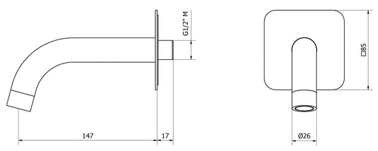 We Are Ib Rubinetti Batlò MT327CC_22 Bocca a Muro Per Vasca Lunghezza 147 mm Con Piastra Quadrata Getto Erogazione Uscita Acqua Installazione Parete Materiale Ottone Finitura Cromata Stile Moderno Monoforo