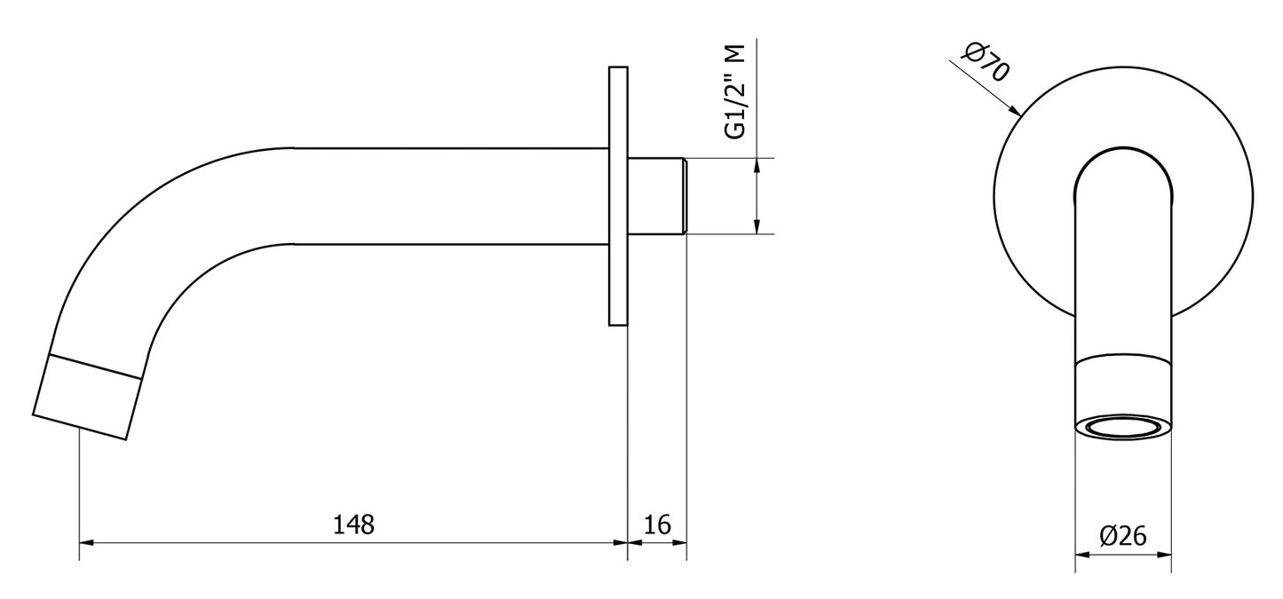 We Are Ib Rubinetti Batlò MT327CC_23 Bocca a Muro Per Vasca Lunghezza 148 mm Con Piastra Ad Anello Tondo Getto Erogazione Uscita Acqua Installazione Parete Materiale Ottone Finitura Cromata Stile Moderno Monoforo