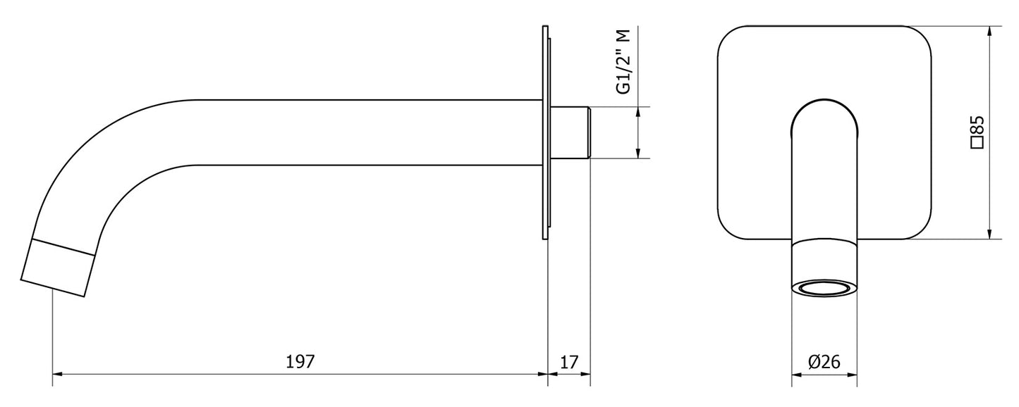 We Are Ib Rubinetti Batlò MT328CC_22 Bocca Lunga a Muro Per Vasca Lunghezza 197 mm Con Piastra Quadrata Getto Erogazione Uscita Acqua Installazione Parete Materiale Ottone Finitura Cromata Stile Moderno Monoforo