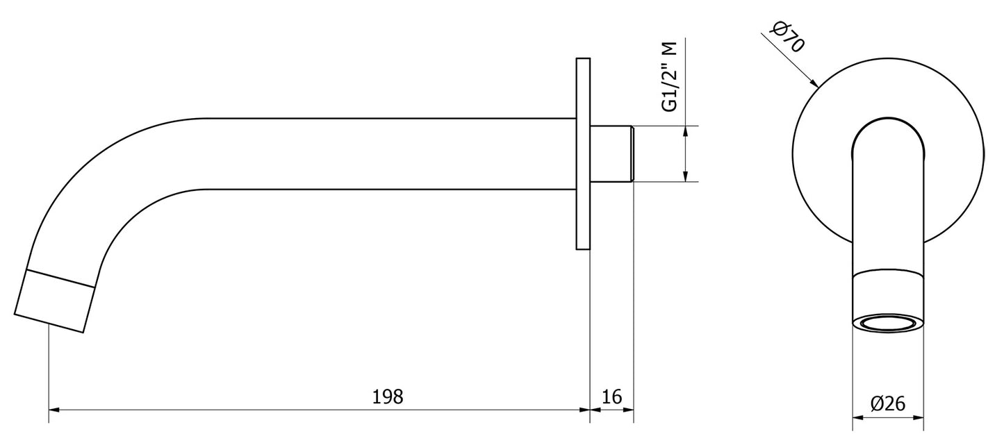 We Are Ib Rubinetti Batlò MT328CC_23 Bocca Lunga a Muro Per Vasca Lunghezza 198 mm Con Piastra Ad Anello Tondo Getto Erogazione Uscita Acqua Installazione Parete Materiale Ottone Finitura Cromata Stile Moderno Monoforo