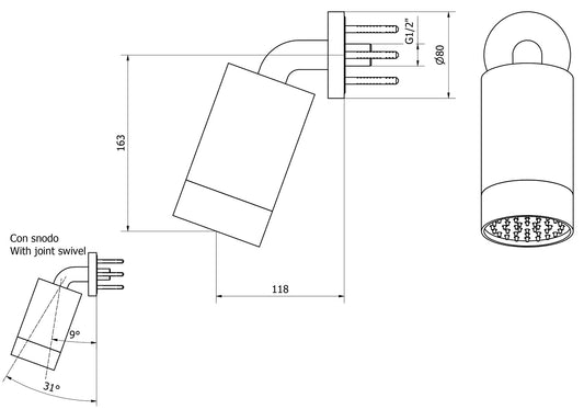 We Are Ib Batlò RR085CC_2 Soffione Doccia a Parete Diametro 85 mm Con Braccio Ø 80 mm Con Snodo Orientabile Altezza 218 mm Profondità 118 mm Materiale Ottone Finitura Cromata Forma Cilindrica Tonda