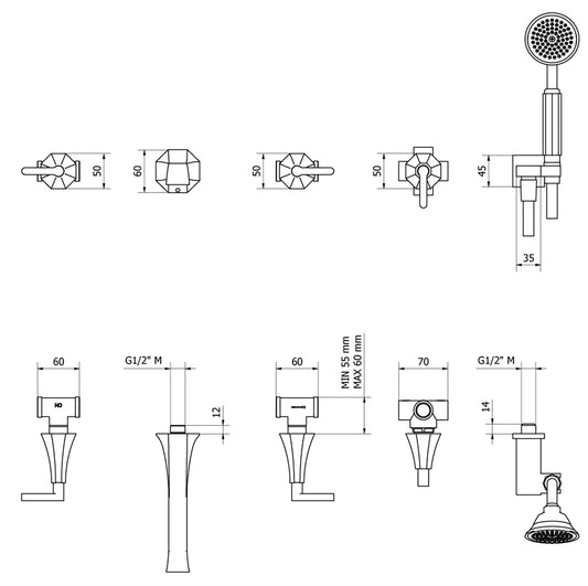Miscelatore bordo vasca a parete cinque fori con kit doccia marca IB rubinetti modello Belmondo Elle rubinetteria rubinetto ottone cromato bagno casa muro Rivenditore Autorizzato Campania Arredamento Arredo Finitura Cromo azienda certificata qualità