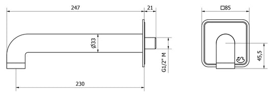 We Are Ib Rubinetti Bold Lever Flat B2320CC_22 Bocca a Muro Lunghezza 247 mm Con Piastra Quadrata Getto Erogazione Uscita Acqua Installazione Parete Materiale Ottone Finitura Cromata Stile Moderno Monoforo
