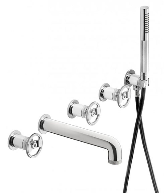 Miscelatore vasca marca IB Rubinetti modello Bold Round finitura ottone cromato parete cinque fori leve tonde doccetta flessibile muro rubinetteria rubinetto fontana mix bordo doccia arredo bagno acqua rivenditore autorizzato campania napoli qualità