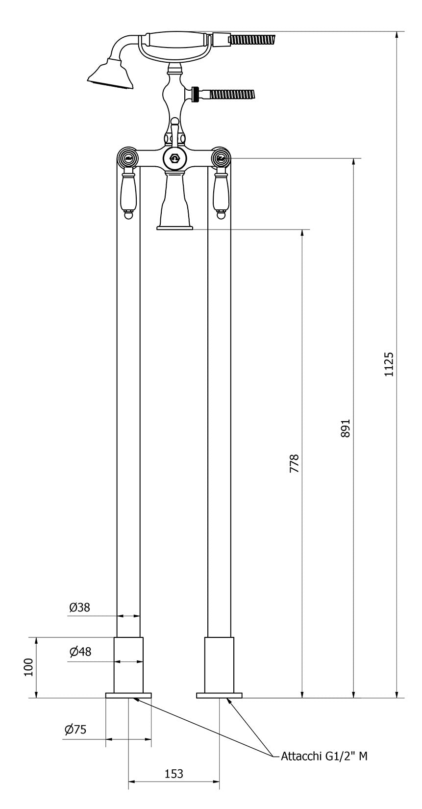 We Are Ib Hermes Elle HL700CC_2 Miscelatore Vasca Da Terra a Pavimento Doppia Colonna Con Kit Doccia Ottone Cromata 2 Leve Bianche Con Deviatore Stile Classico Doccetta Flessibile