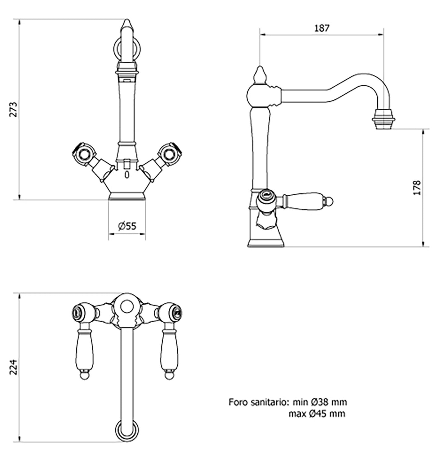 Miscelatore lavabo monoforo con due leve completo di piletta di scarico Click-Clack marca IB rubinetti modello Hermes Elle rubinetteria rubinetto ottone cromato bagno casa muro fontana finitura cromo rivenditore autorizzato campania arredamento arredo
