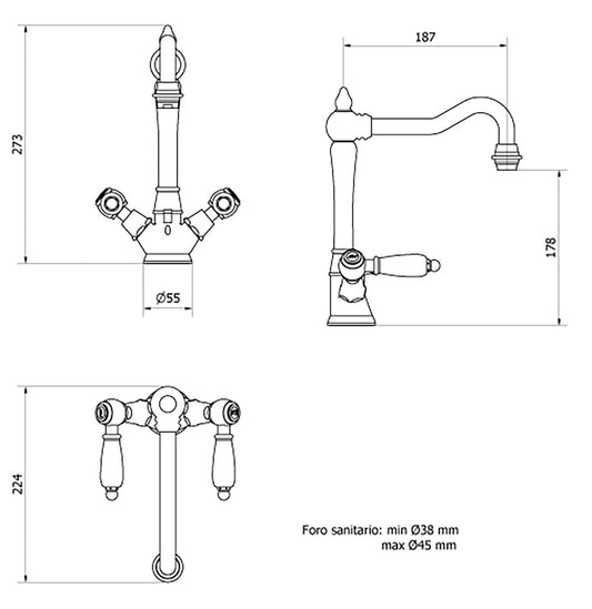 Miscelatore lavabo monoforo con due leve completo di piletta di scarico Click-Clack marca IB rubinetti modello Hermes Elle rubinetteria rubinetto ottone cromato bagno casa muro fontana finitura cromo rivenditore autorizzato campania arredamento arredo