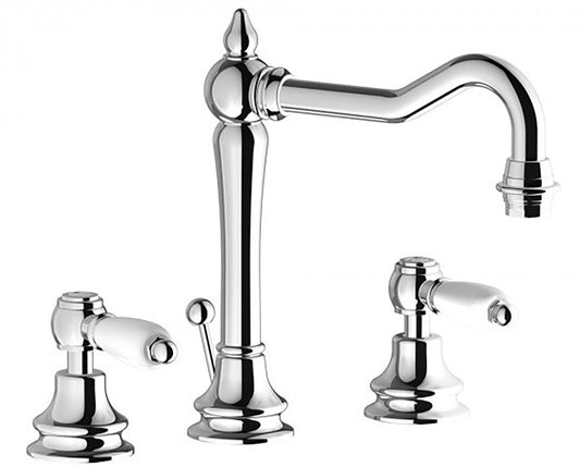 Miscelatore Lavabo tre fori bocca alta completo di piletta di scarico Click-Clack marca IB rubinetti modello Hermes Elle rubinetteria rubinetto ottone cromato bagno casa fontana finitura cromo rivenditore autorizzato campania arredamento made in italy