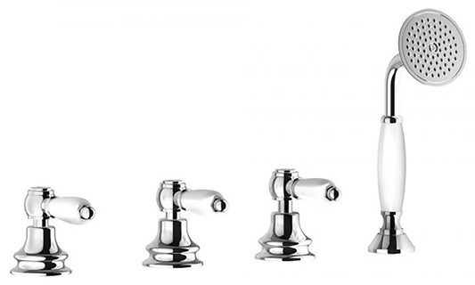 Miscelatore bordo vasca quattro fori con uscita per colonna riempimento marca IB rubinetti modello Hermes Elle rubinetteria rubinetto ottone cromato bagno casa fontana finitura cromo rivenditore autorizzato campania qualità garanzia 10 anni made in italy