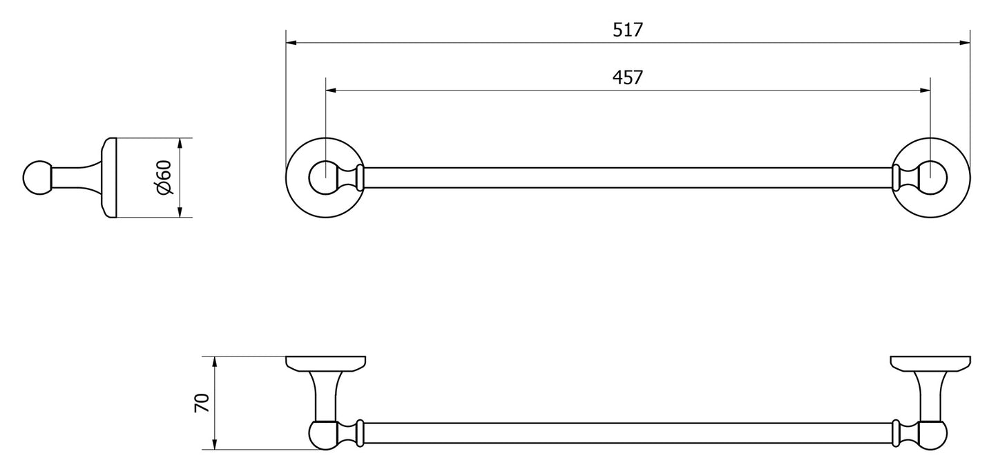 Porta asciugamano 517x70 Ø60 mm marca IB rubinetti modello Hermes finitura ottone cromato rivenditore autorizzato parete accessori bagno arredamento campania garanzia 10 anni azienda certificata made in italy