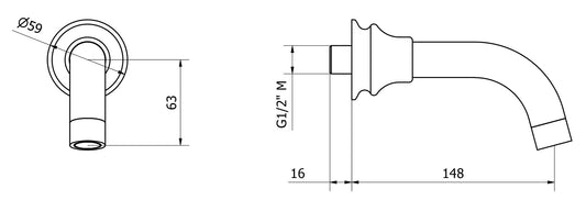 We Are Ib Rubinetti Hermes HR327CC Bocca a Muro Lunghezza 148 mm Con Anello Tondo Getto Erogazione Uscita Acqua Installazione Parete Materiale Ottone Finitura Cromata Stile Classico Monoforo