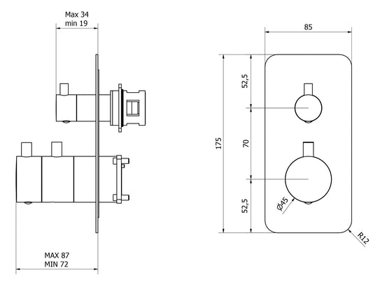 IB Rubinetti MILANOTORINO Miscelatore Doccia Valvola Termostatica Parte Esterna Corpo Incasso A Parete 2 Fori Con Deviatore Due Vie Monocomando Con Piastra Stile Moderno Materiale Ottone Finitura Cromata