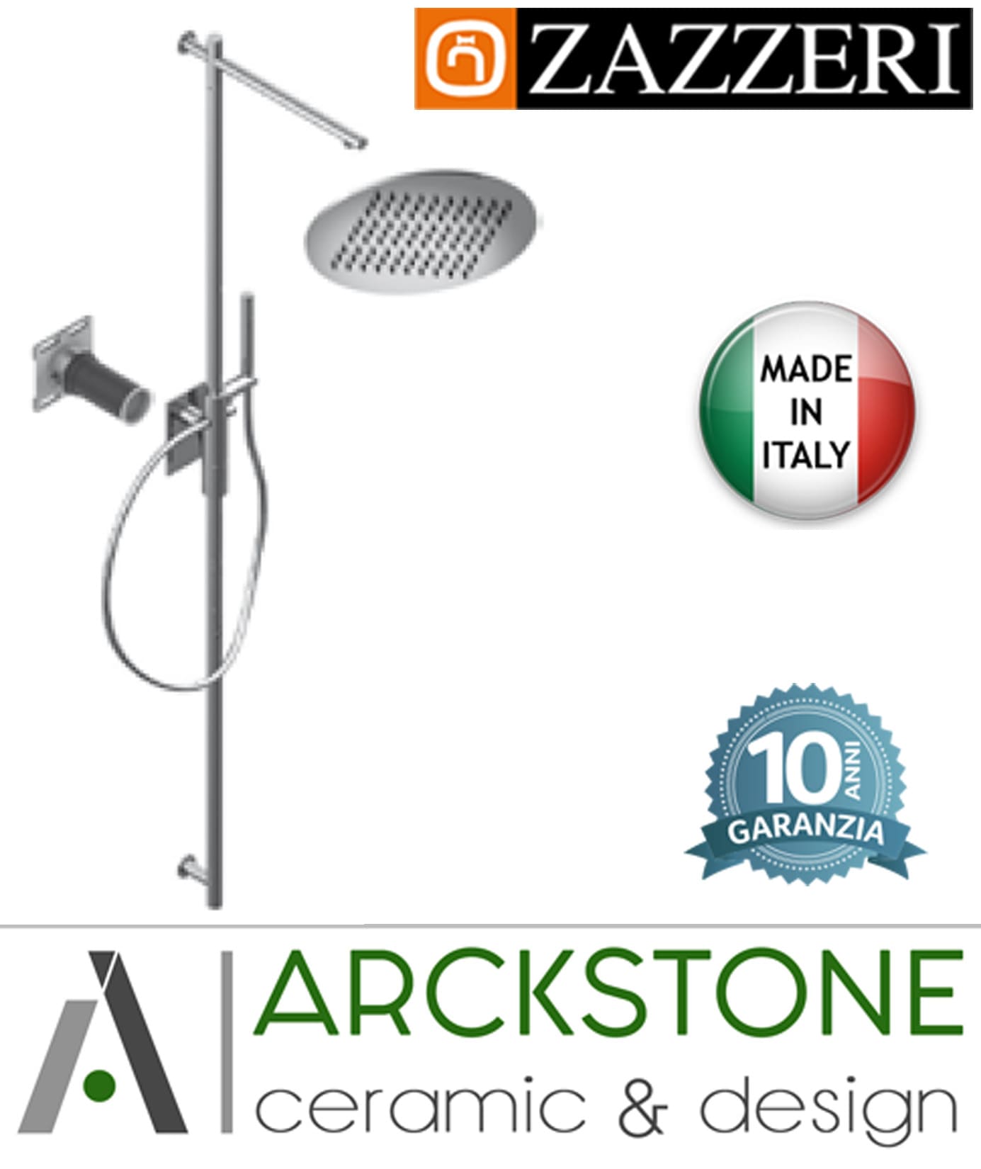 Colonna doccia marca Zazzeri modello 100 finitura ottone cromato miscelatore termostatico parete anticalcare soffione tondo Ø200mm doccetta flessibile muro arredo bagno casa garanzia 10 anni qualità made in italy