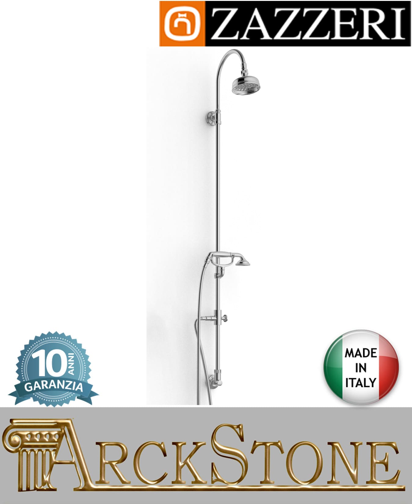 Colonna doccia marca Zazzeri modello 900 finitura ottone cromato soffione Ø120 mm doccetta mano senza miscelatore parete muro arredamento casa arredo bagno azienda certificata garanzia 10 anni qualità made in italy