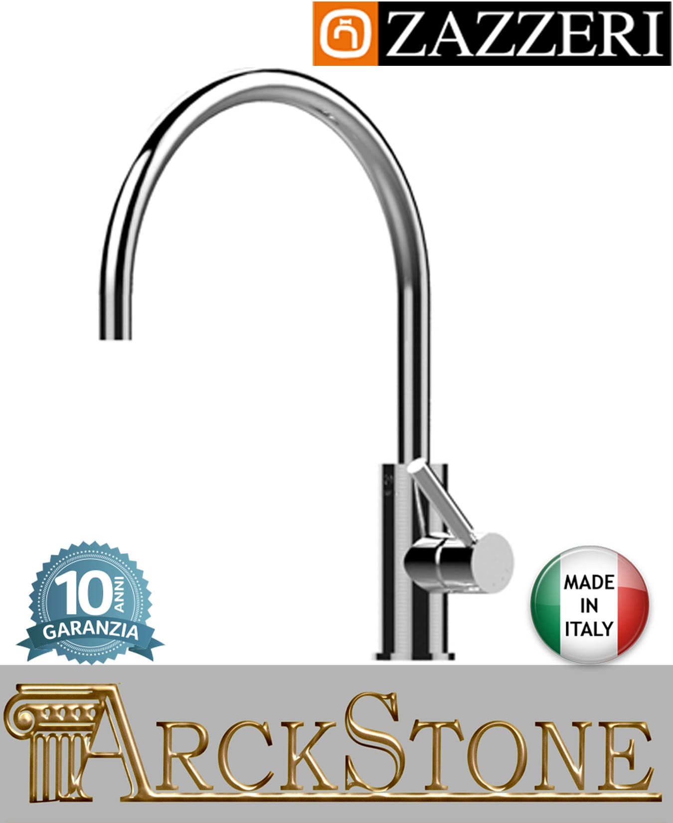 Miscelatore lavello Ø40 mm marca Zazzeri modello Da-Da 7 Mono finitura ottone cromato appoggio monoforo collo girevole arredamento casa home arredo cucina azienda certificata garanzia 10 anni qualità made in italy
