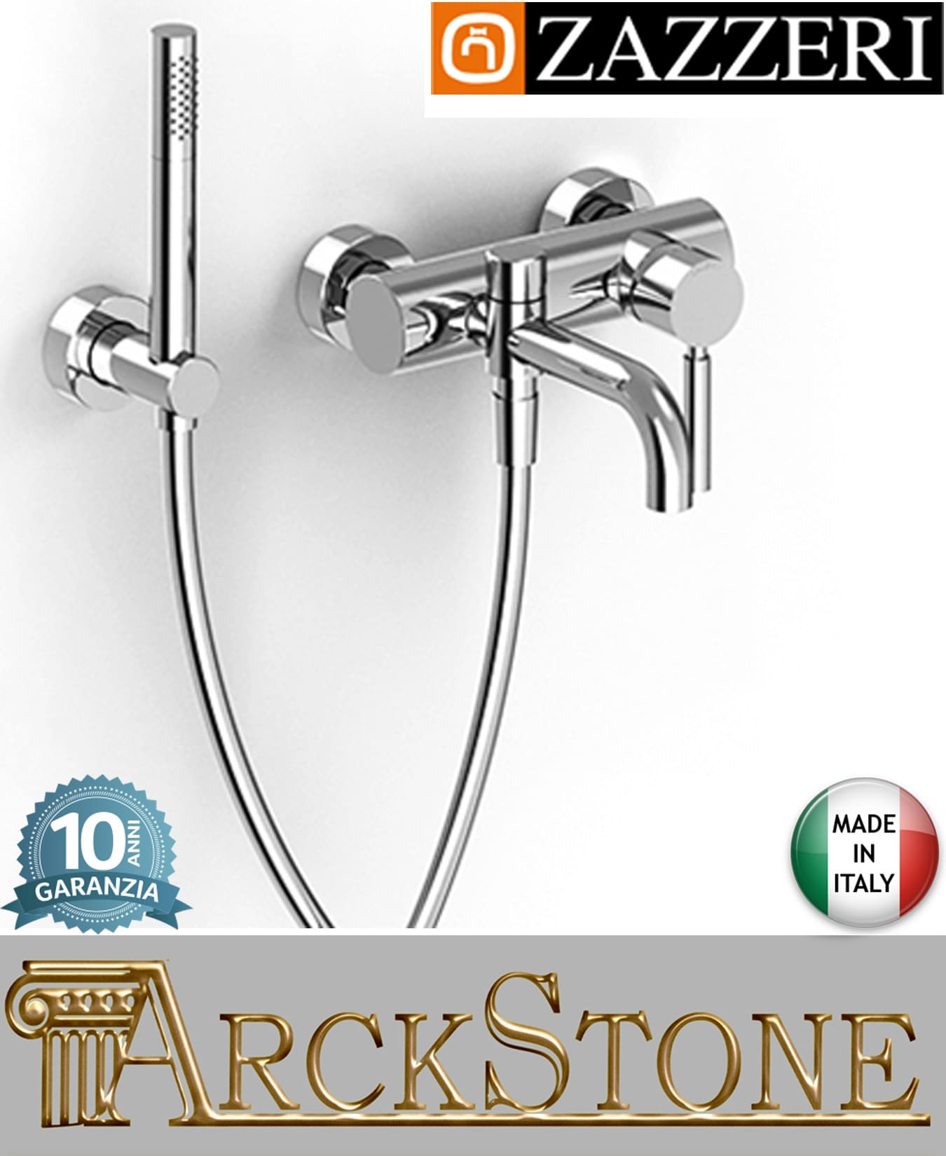 Miscelatore vasca marca Zazzeri modello Da-Da 7 Mono finitura ottone cromato parete esterno doccetta flessibile attacco muro arredamento casa arredo bagno azienda certificata garanzia 10 anni qualità made in italy