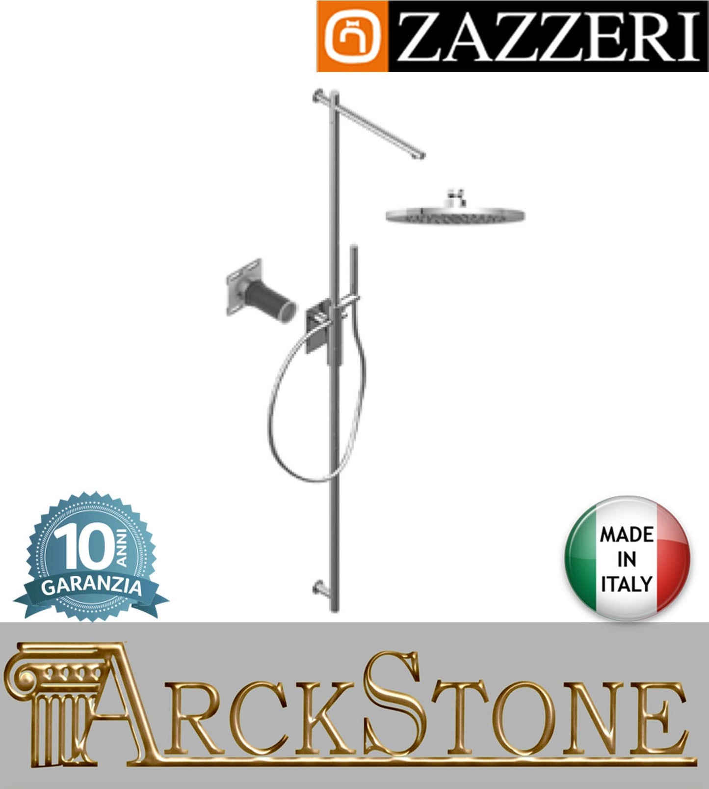 Colonna doccia marca Zazzeri modello Da-Da 7 Mono finitura ottone cromato parete doccetta soffione tondo Ø220 mm miscelatore termostatico supporto arredamento casa arredo bagno garanzia 10 anni qualità made in italy