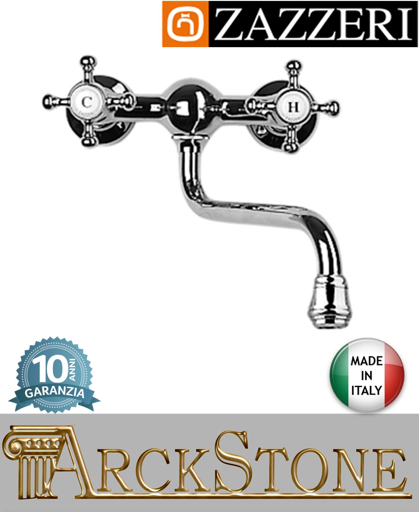 Miscelatore lavello marca Zazzeri modello Kent 2 55010606A00 CRCR finitura ottone cromato parete collo girevole fontana acqua vitone ceramico 180° arredamento casa muro home arredo cucina acqua rubinetteria rubinetto garanzia 10 anni qualità made in italy