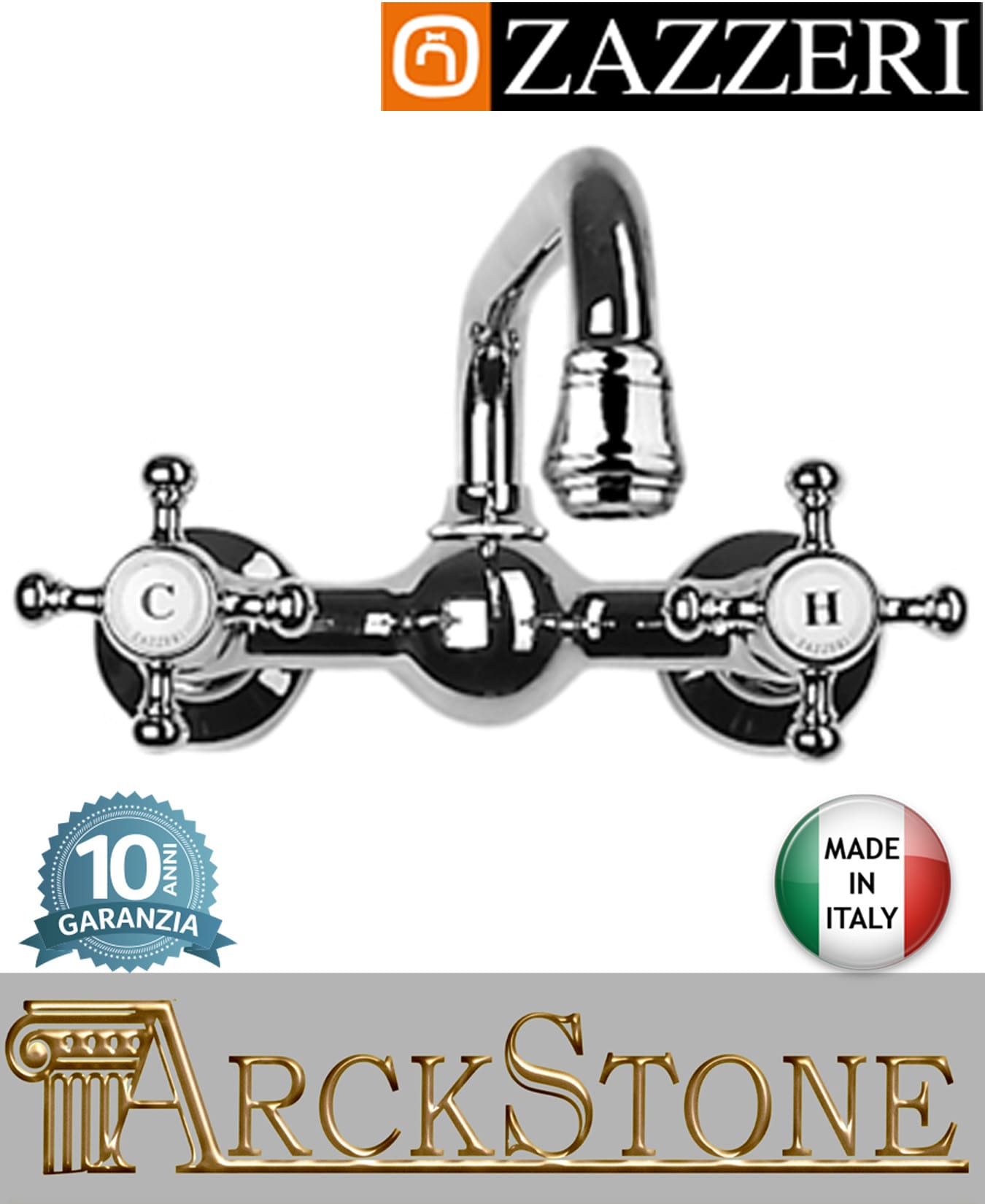 Miscelatore lavello marca Zazzeri modello Kent 2 finitura ottone cromato parete collo girevole fontana acqua vitone ceramico 180° arredamento casa muro home arredo cucina acqua rubinetteria rubinetto garanzia 10 anni qualità made in italy
