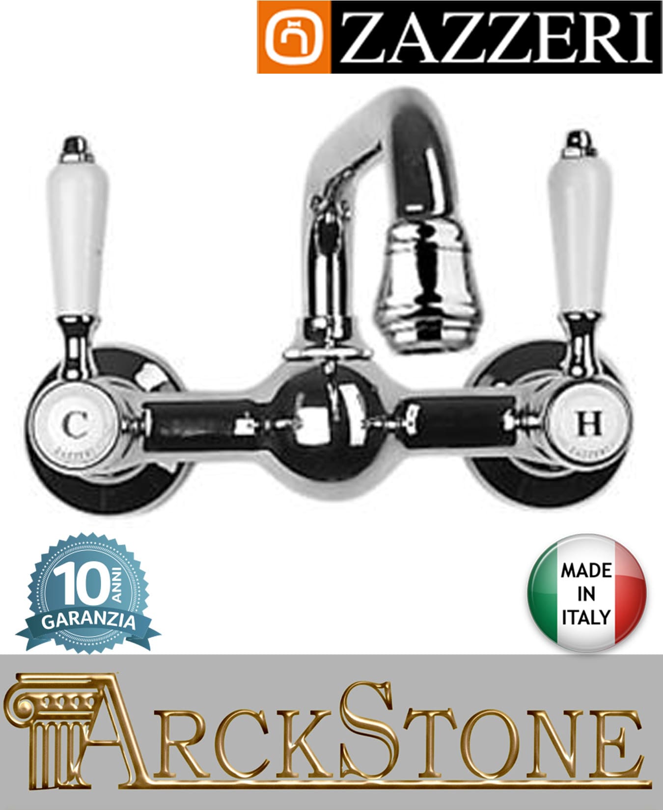 Miscelatore lavello marca Zazzeri modello Kent 3 finitura ottone cromato parete collo girevole fontana acqua vitone ceramico 90° arredamento casa muro home arredo cucina acqua rubinetteria rubinetto garanzia 10 anni qualità made in italy