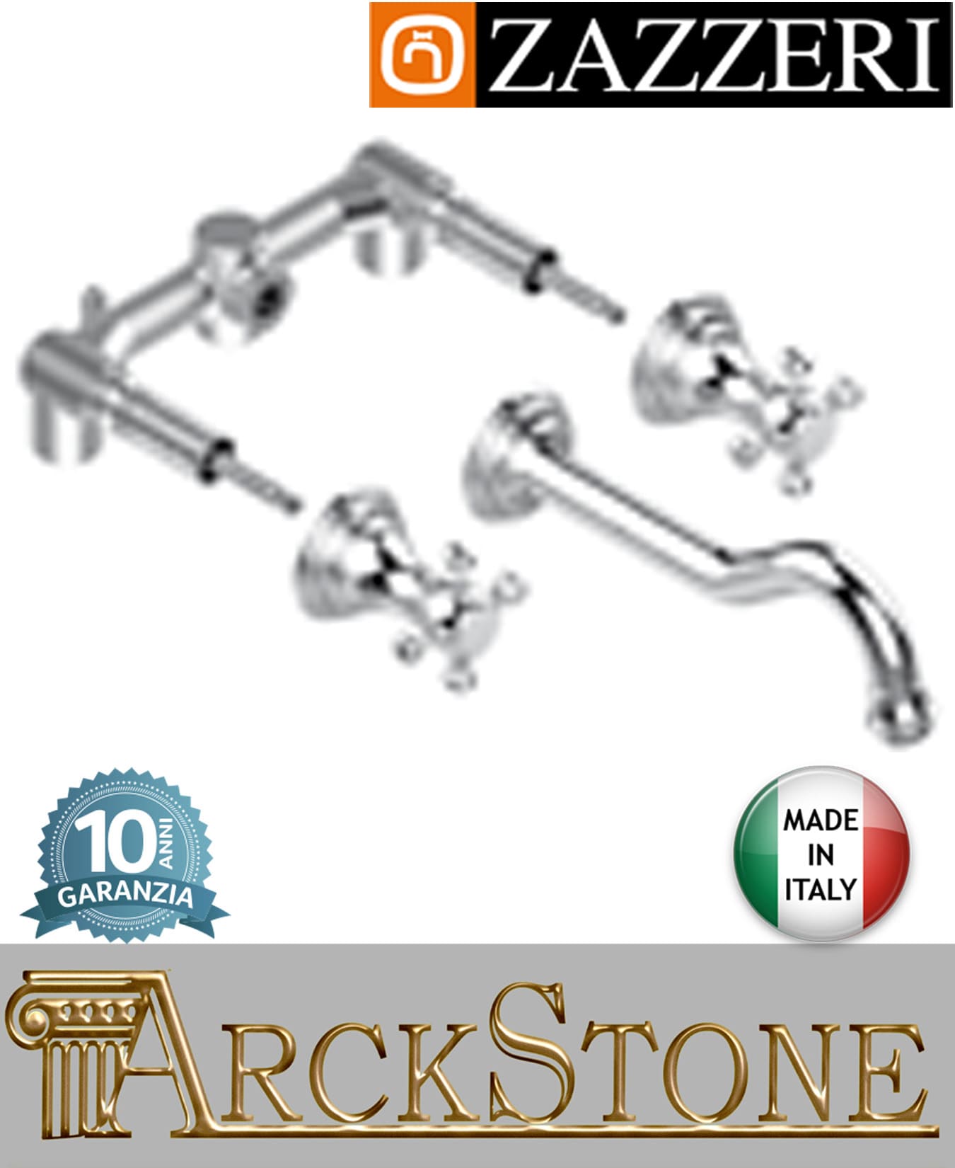 Miscelatore lavabo marca Zazzeri modello Kent 2 finitura ottone cromato vitone ceramico 180° 3 tre fori incasso parete batteria classico arredo bagno Getto 230 mm completo Parete Incasso Esterna garanzia 10 anni made in italy