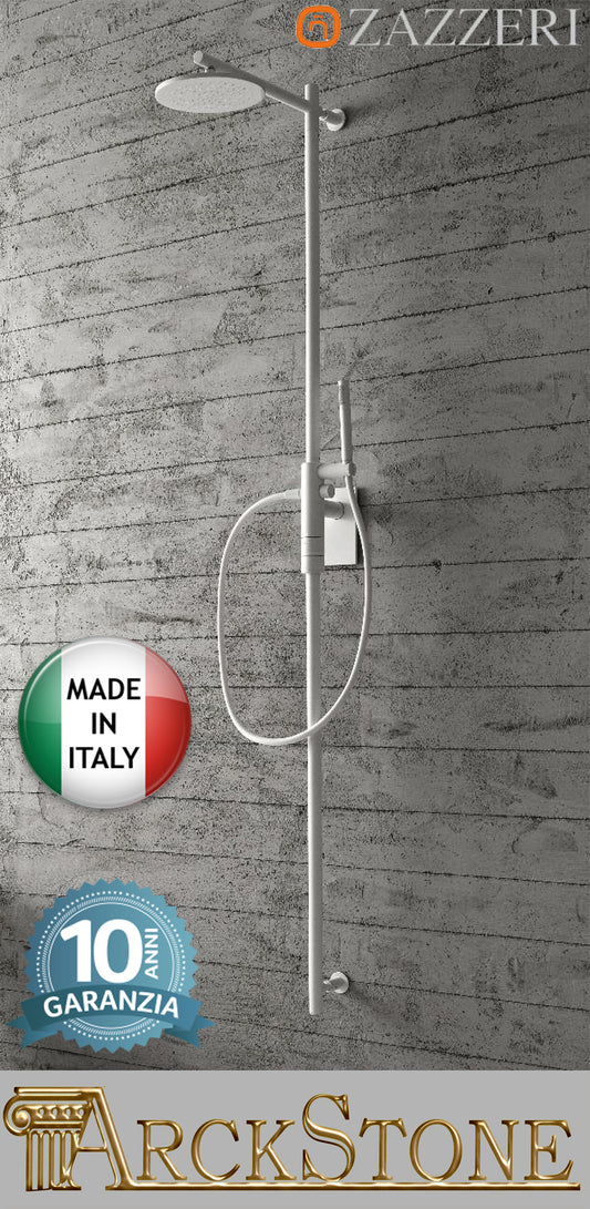 Colonna doccia Zazzeri Showers 2900SO07A00+2900T608A01+2900AM05A00 1010 miscelatore termostatico soffione anticalcare ispezionabile tondo Ø220 mm doccetta finitura bianco parete bagno garanzia 10 anni qualità made in italy